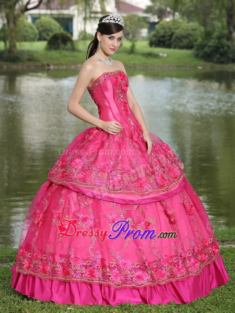 Hot Pink Hand Made Flowers Quinceanera Dress with Appliques