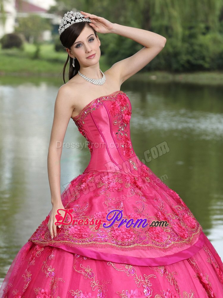 Hot Pink Hand Made Flowers Quinceanera Dress with Appliques