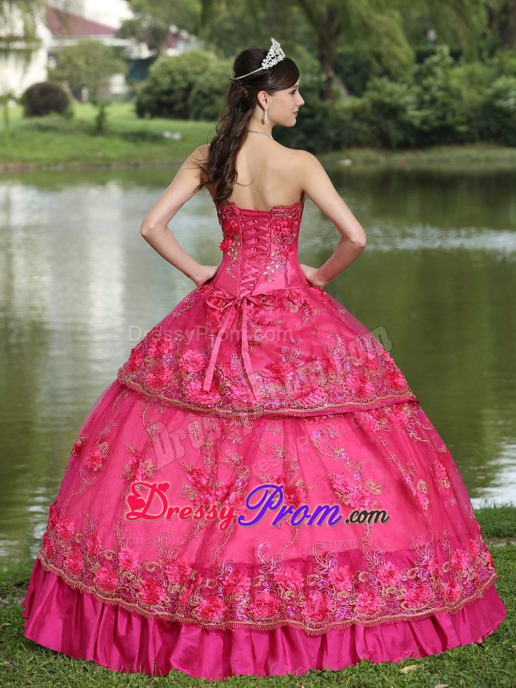 Hot Pink Hand Made Flowers Quinceanera Dress with Appliques