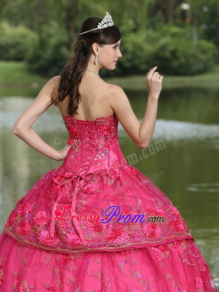 Hot Pink Hand Made Flowers Quinceanera Dress with Appliques