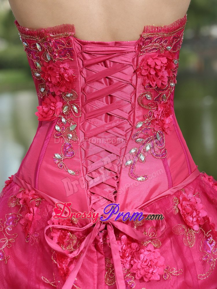 Hot Pink Hand Made Flowers Quinceanera Dress with Appliques