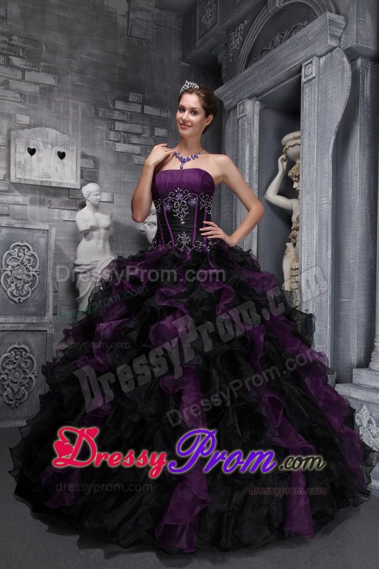 Ruffled Appliques Dark Purple and Black Quinceanera Dresses