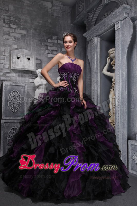 Ruffled Appliques Dark Purple and Black Quinceanera Dresses