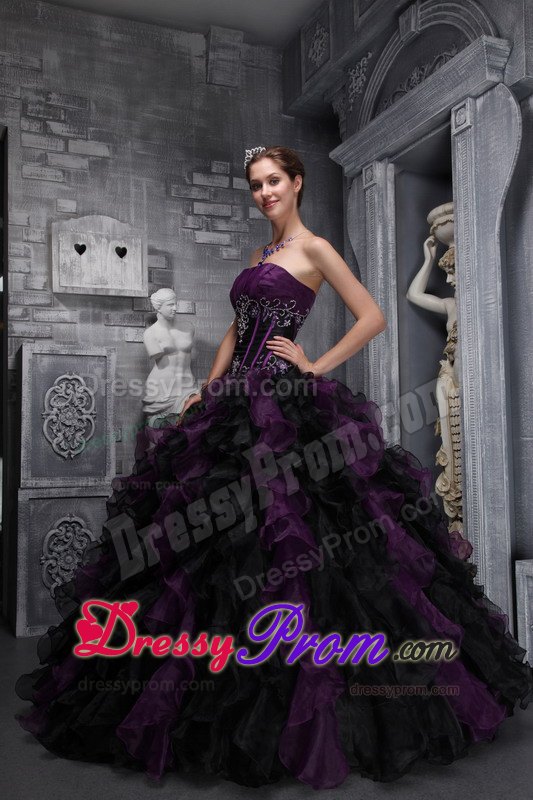 Ruffled Appliques Dark Purple and Black Quinceanera Dresses