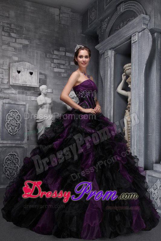 Ruffled Appliques Dark Purple and Black Quinceanera Dresses