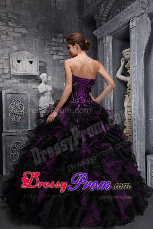 Ruffled Appliques Dark Purple and Black Quinceanera Dresses