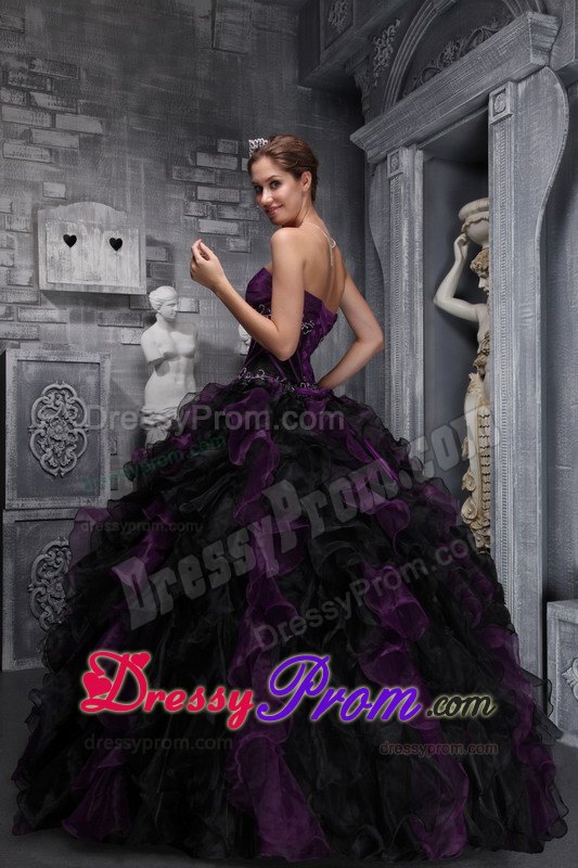 Ruffled Appliques Dark Purple and Black Quinceanera Dresses