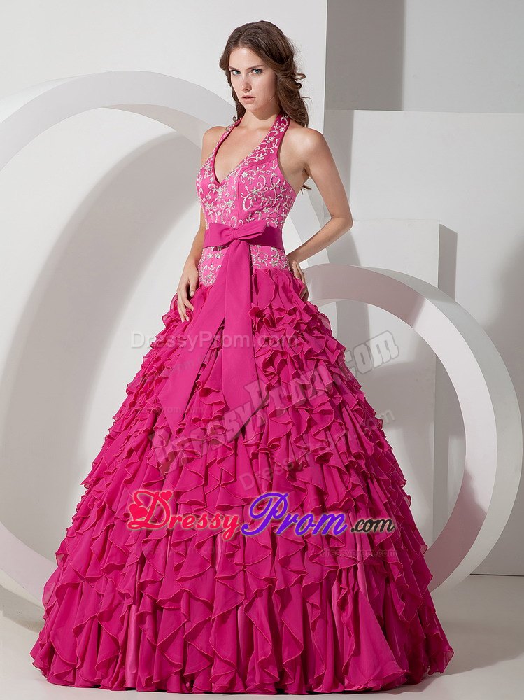 Halter Embroidery Ruffled Chiffon Hot Pink Quinceanera Gown with Sash