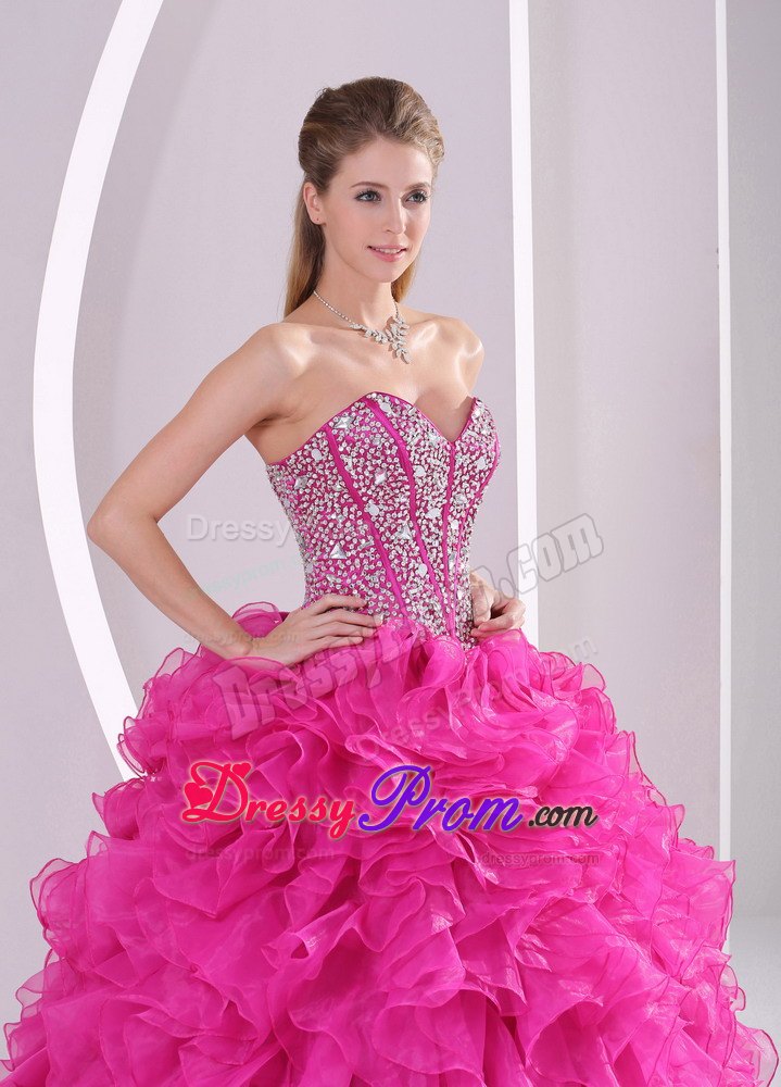 Beading Sweetheart Ruffles Fuchsia Back Out Quinceanera Gown Dresses