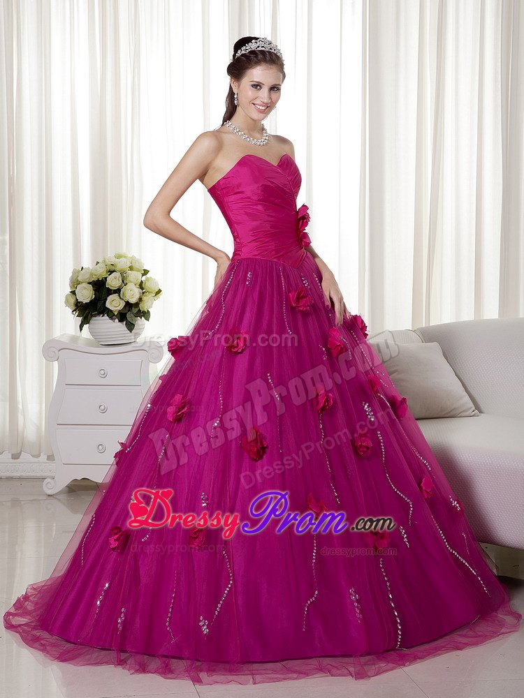 Sweetheart Ruches Hand Made Flowers Tulle and Taffeta Dresses For a Quince