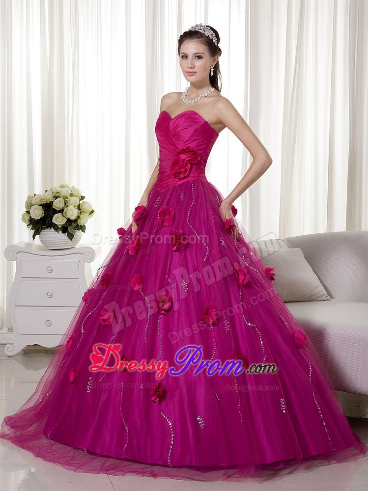 Sweetheart Ruches Hand Made Flowers Tulle and Taffeta Dresses For a Quince