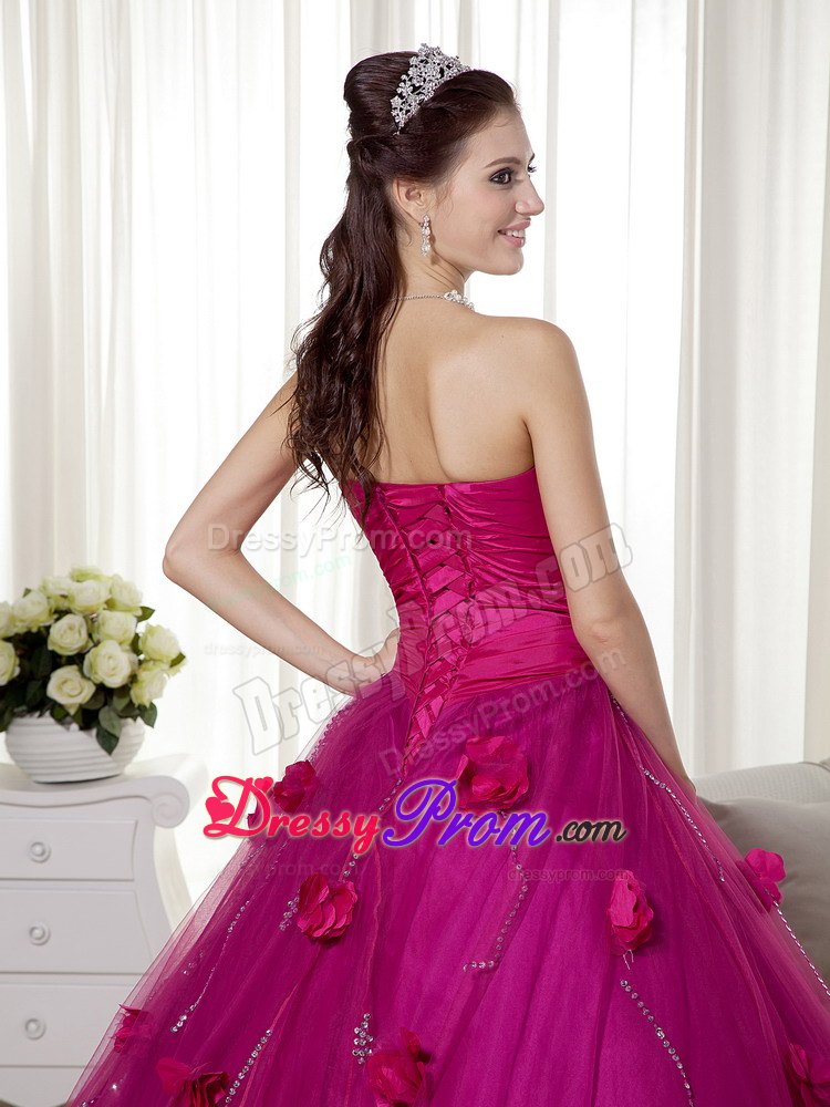 Sweetheart Ruches Hand Made Flowers Tulle and Taffeta Dresses For a Quince