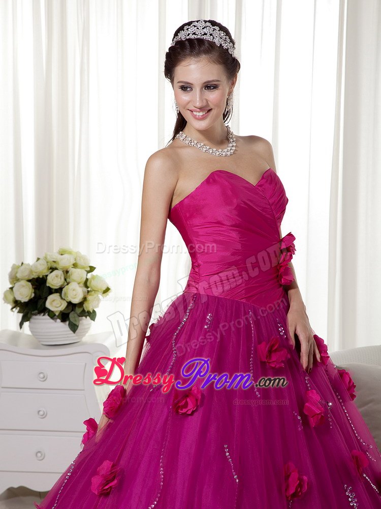 Sweetheart Ruches Hand Made Flowers Tulle and Taffeta Dresses For a Quince