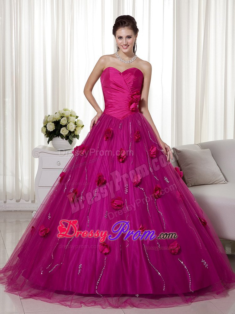 Sweetheart Ruches Hand Made Flowers Tulle and Taffeta Dresses For a Quince