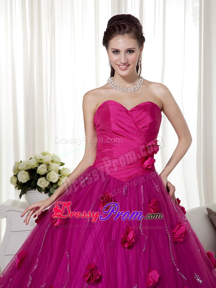 Sweetheart Ruches Hand Made Flowers Tulle and Taffeta Dresses For a Quince