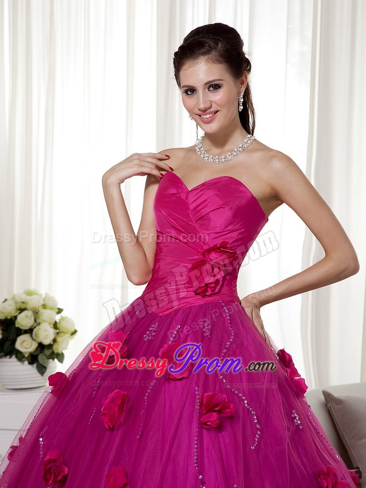 Sweetheart Ruches Hand Made Flowers Tulle and Taffeta Dresses For a Quince