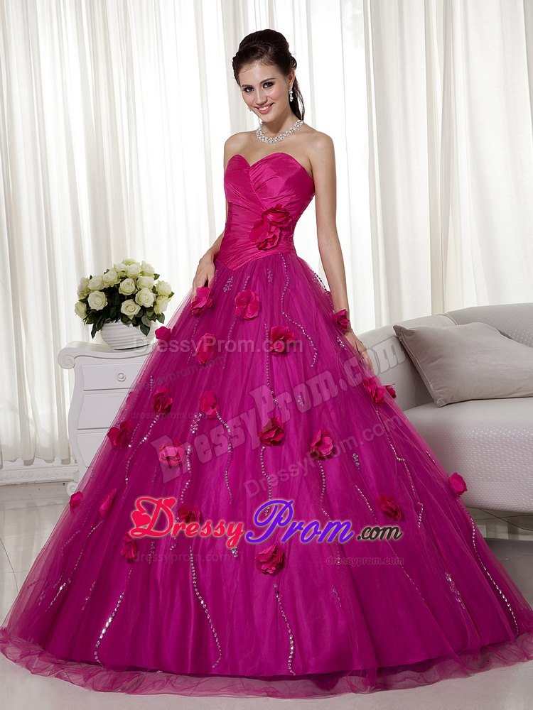 Sweetheart Ruches Hand Made Flowers Tulle and Taffeta Dresses For a Quince