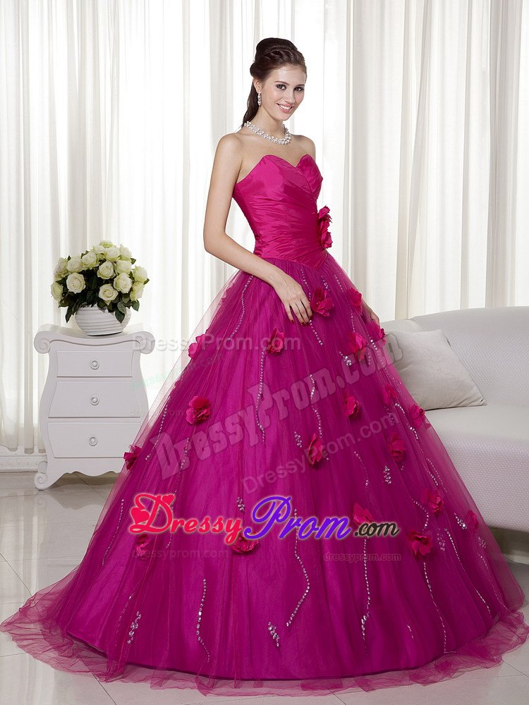 Sweetheart Ruches Hand Made Flowers Tulle and Taffeta Dresses For a Quince