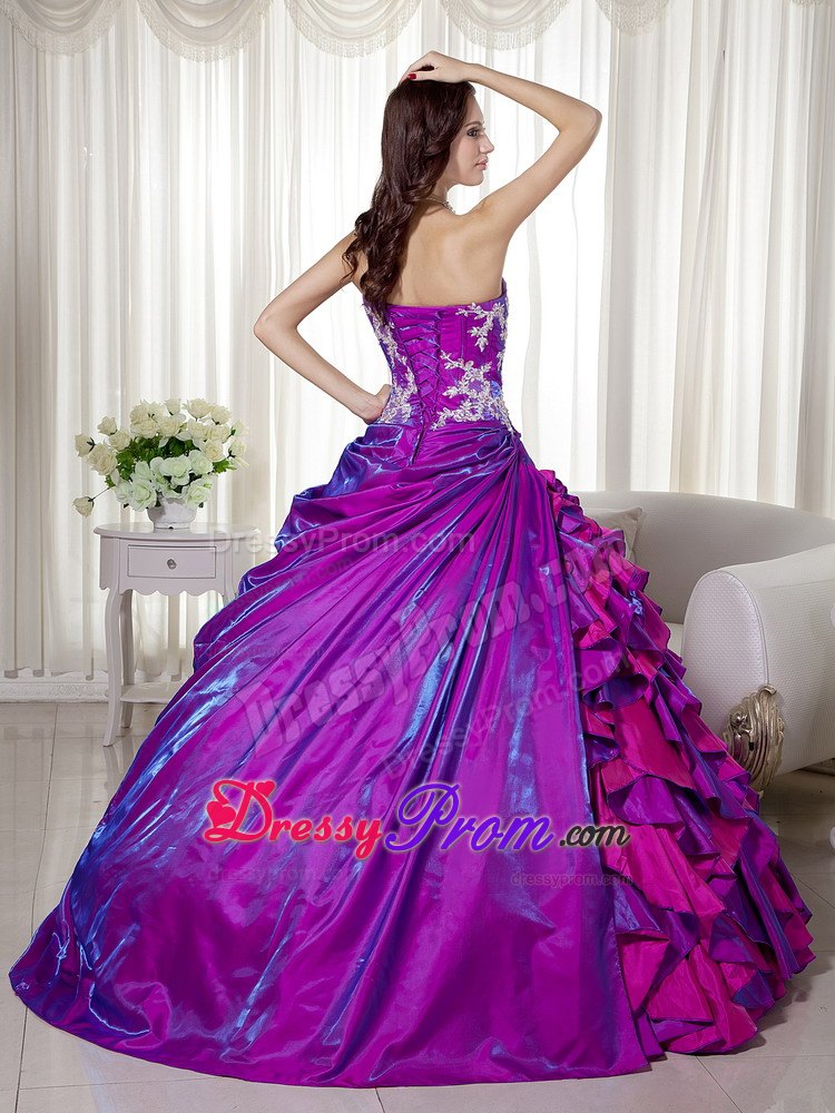 Strapless Appliques Ruffled Floor-length Purple Taffeta Quinceanera Gowns