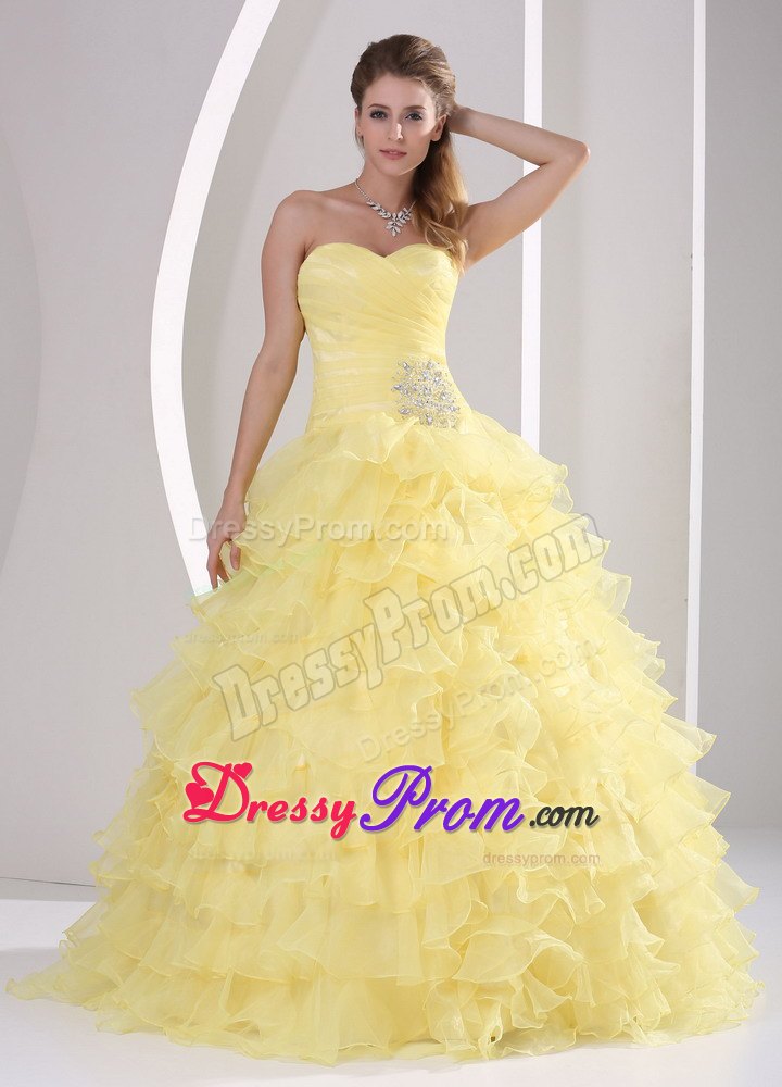 Ruched Beading Sweetheart Appliques Light Yellow Ruffled Quinceanera Gown