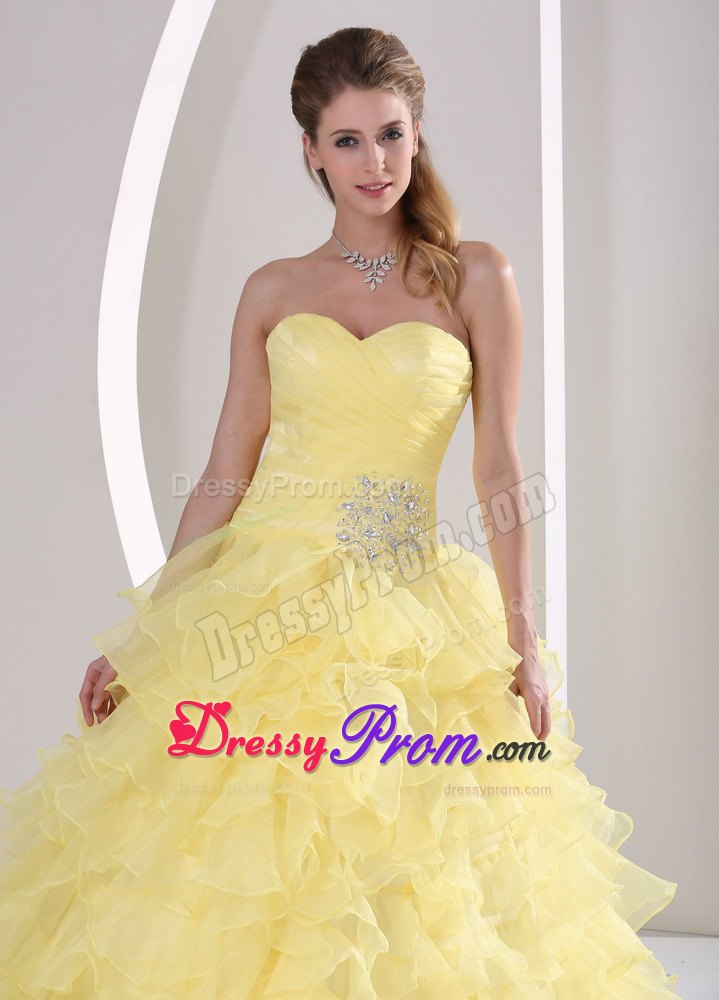 Ruched Beading Sweetheart Appliques Light Yellow Ruffled Quinceanera Gown