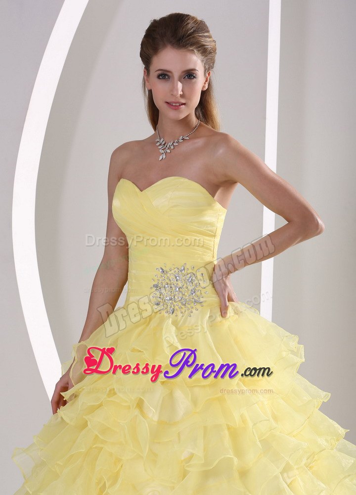 Ruched Beading Sweetheart Appliques Light Yellow Ruffled Quinceanera Gown