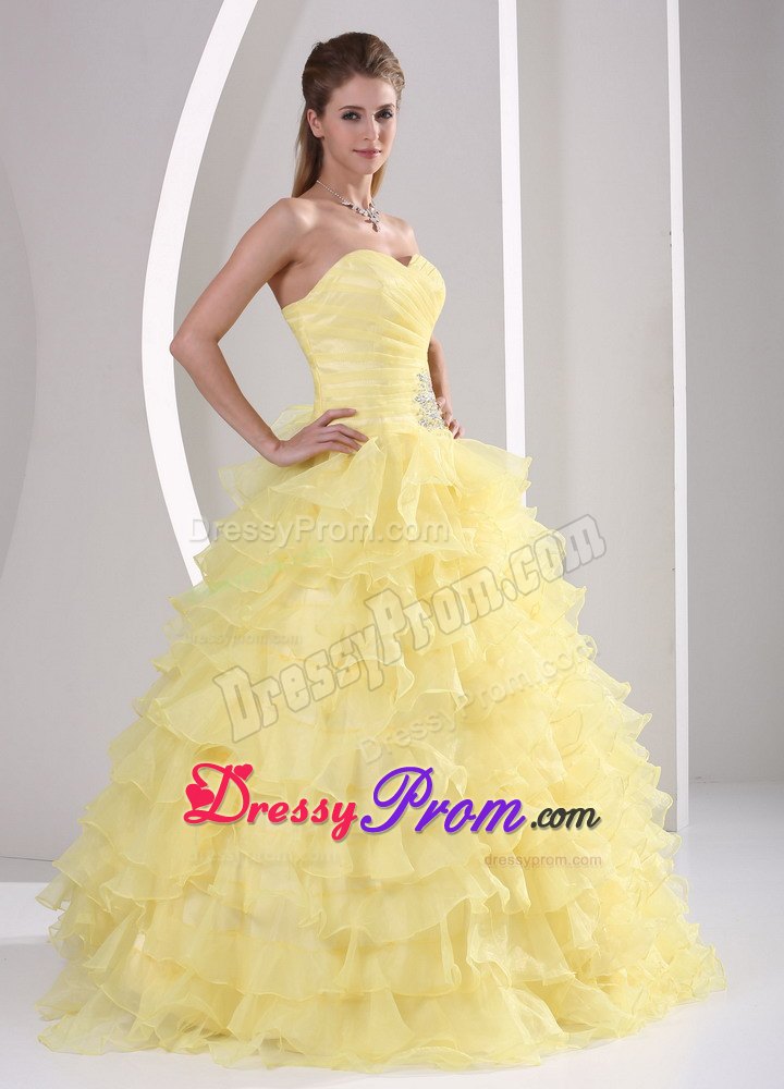 Ruched Beading Sweetheart Appliques Light Yellow Ruffled Quinceanera Gown