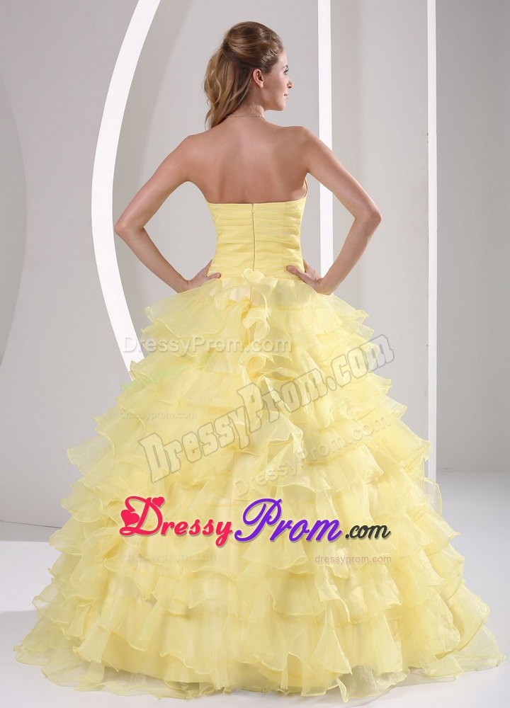 Ruched Beading Sweetheart Appliques Light Yellow Ruffled Quinceanera Gown