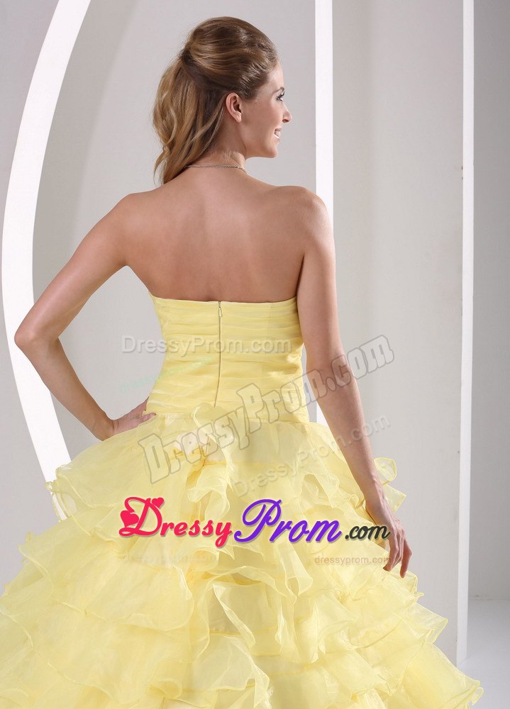 Ruched Beading Sweetheart Appliques Light Yellow Ruffled Quinceanera Gown