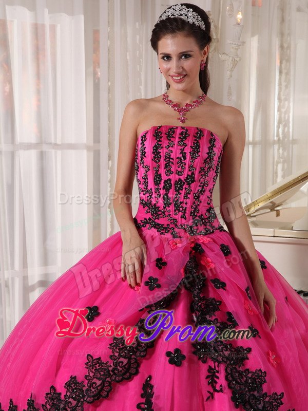 Appliques Strapless Floor-length Layered Hot Pink Dresses Quinceaneras