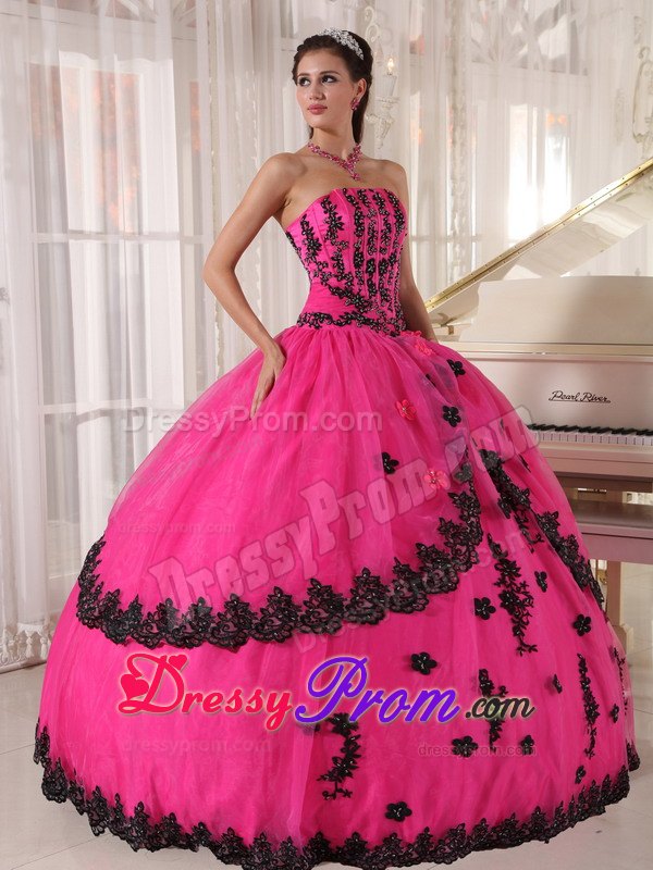 Appliques Strapless Floor-length Layered Hot Pink Dresses Quinceaneras