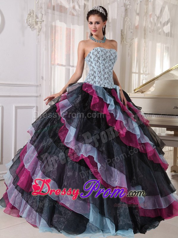 Colorful Appliques Beading Strapless Layers Organza Dresses For a Quince