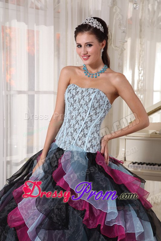 Colorful Appliques Beading Strapless Layers Organza Dresses For a Quince