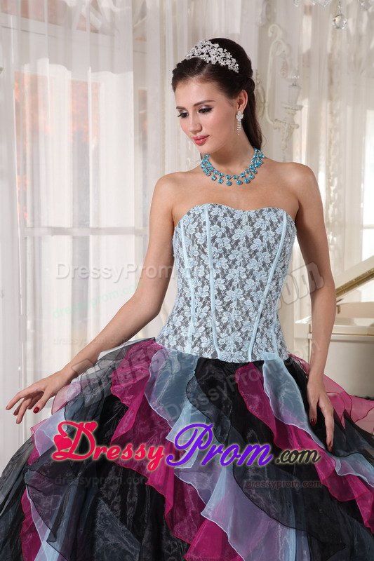Colorful Appliques Beading Strapless Layers Organza Dresses For a Quince