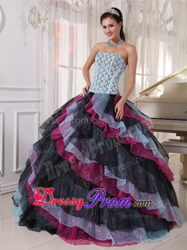 Colorful Appliques Beading Strapless Layers Organza Dresses For a Quince