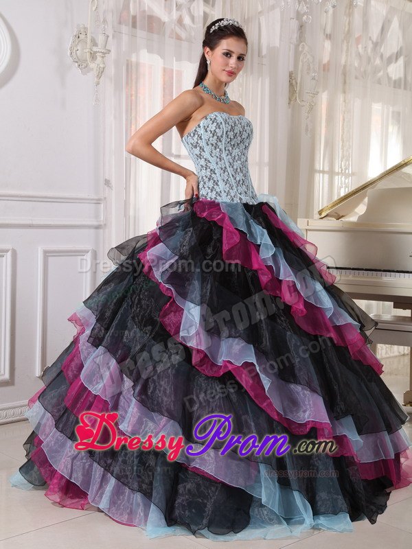 Colorful Appliques Beading Strapless Layers Organza Dresses For a Quince