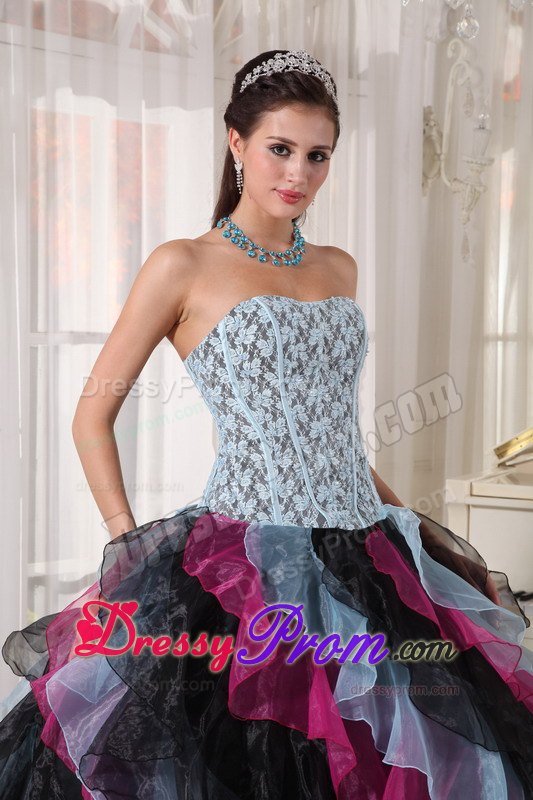Colorful Appliques Beading Strapless Layers Organza Dresses For a Quince