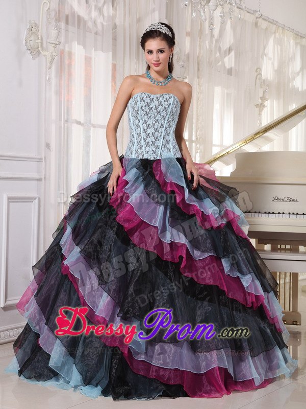 Colorful Appliques Beading Strapless Layers Organza Dresses For a Quince