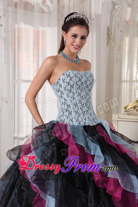 Colorful Appliques Beading Strapless Layers Organza Dresses For a Quince
