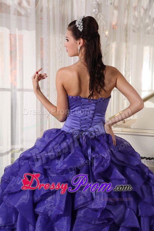 Satin and Organza Strapless Beading Ruffled Purple Quinceaneras Gowns