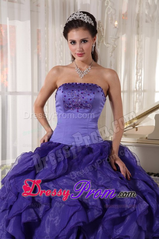 Satin and Organza Strapless Beading Ruffled Purple Quinceaneras Gowns