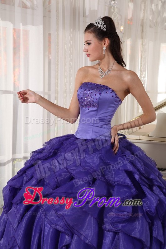 Satin and Organza Strapless Beading Ruffled Purple Quinceaneras Gowns