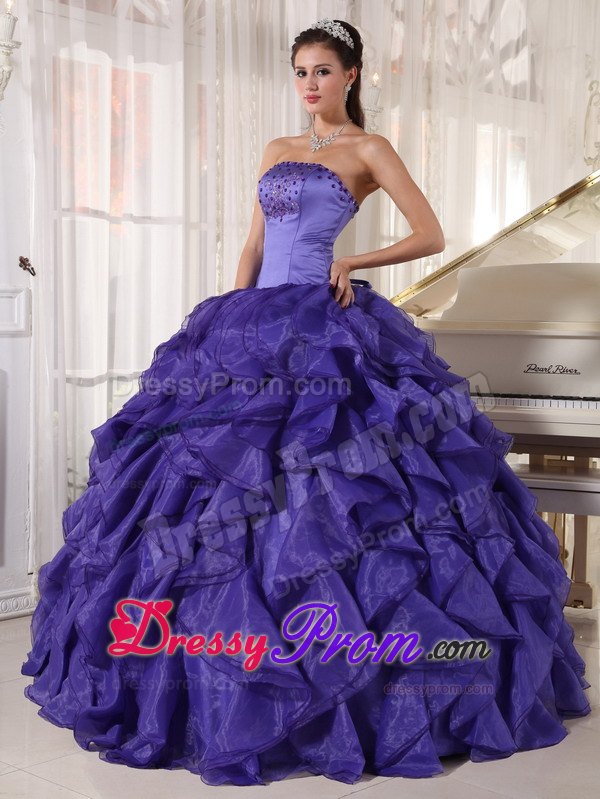 Satin and Organza Strapless Beading Ruffled Purple Quinceaneras Gowns