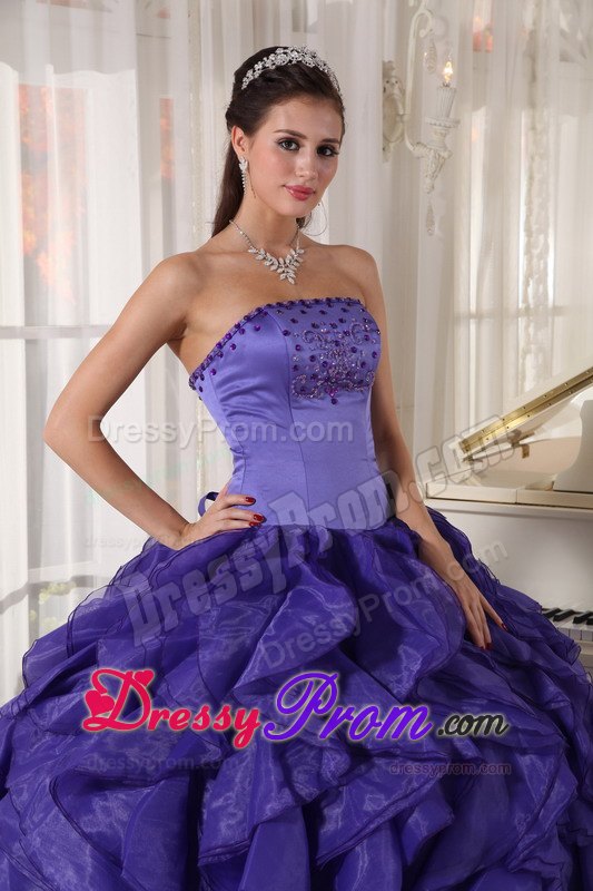 Satin and Organza Strapless Beading Ruffled Purple Quinceaneras Gowns