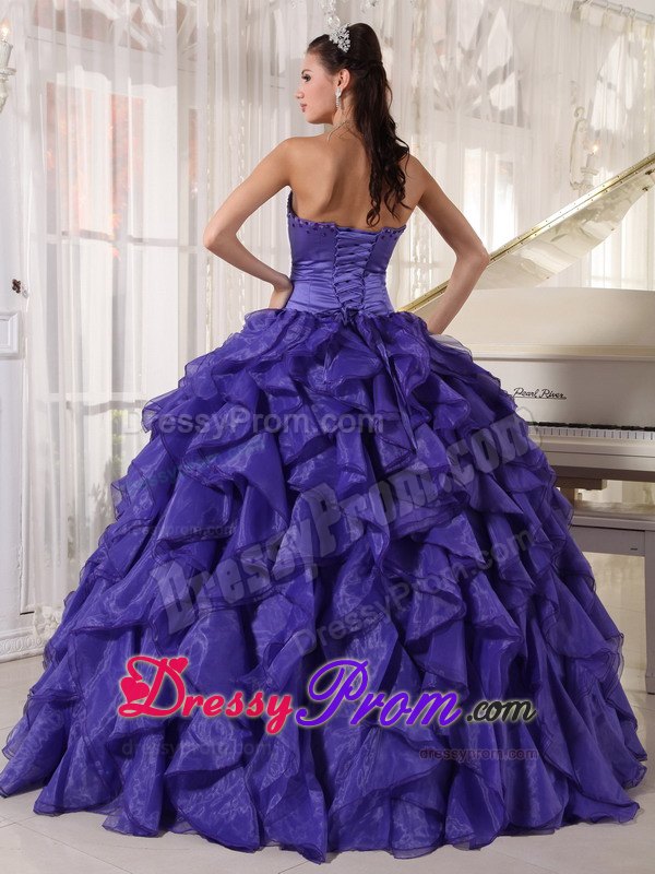 Satin and Organza Strapless Beading Ruffled Purple Quinceaneras Gowns