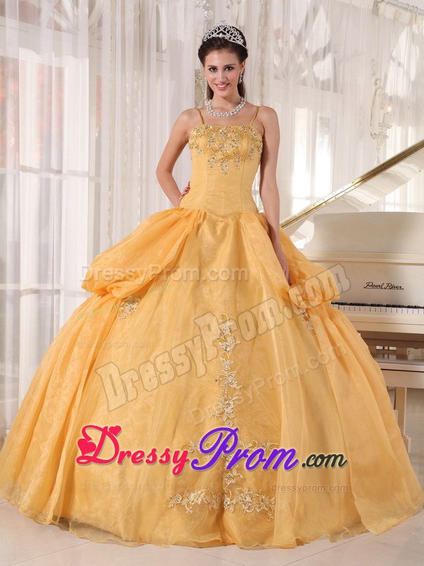 Straps Appliques Pick Ups Taffeta and Organza Gold Quinceanera Dresses