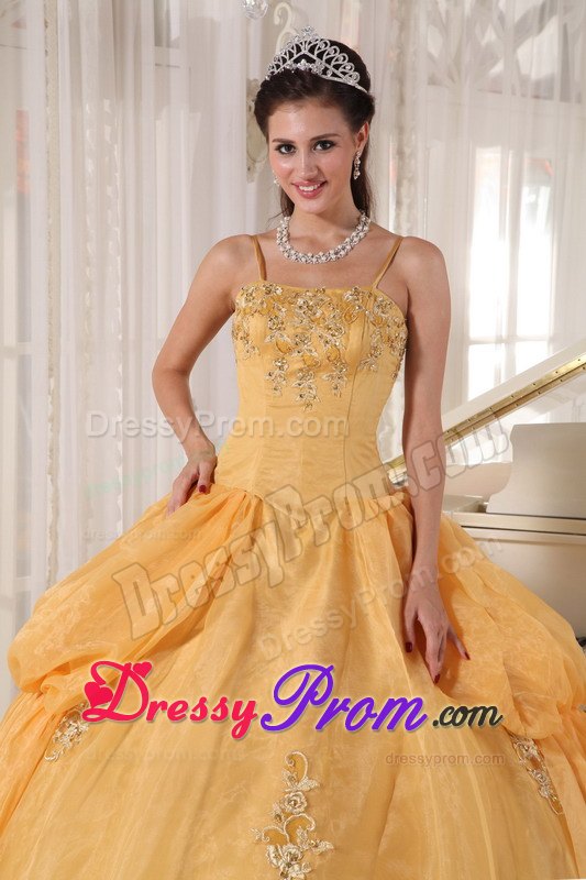 Straps Appliques Pick Ups Taffeta and Organza Gold Quinceanera Dresses