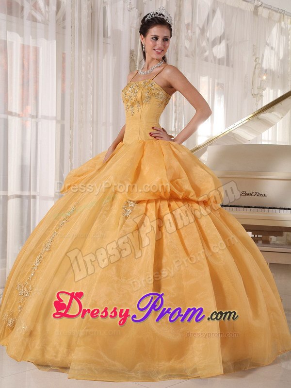 Straps Appliques Pick Ups Taffeta and Organza Gold Quinceanera Dresses