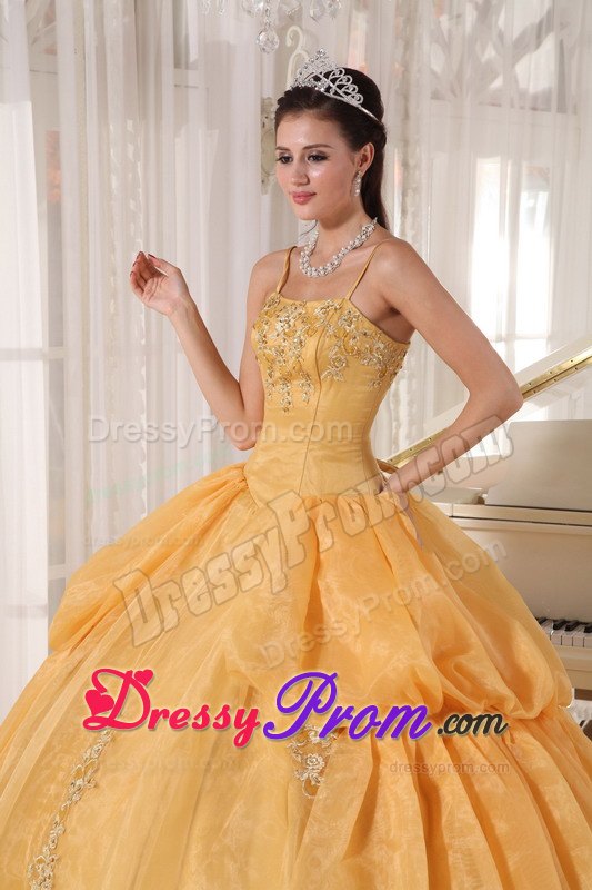 Straps Appliques Pick Ups Taffeta and Organza Gold Quinceanera Dresses