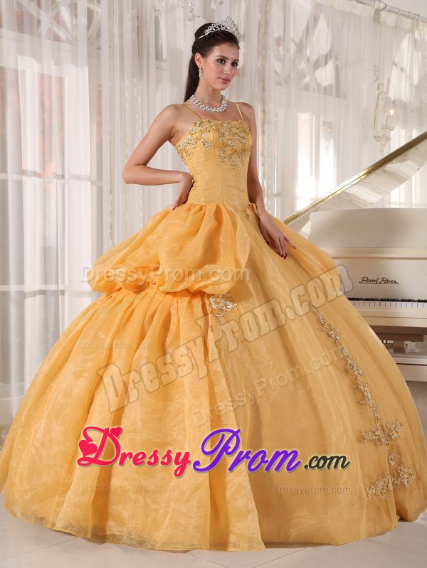 Straps Appliques Pick Ups Taffeta and Organza Gold Quinceanera Dresses